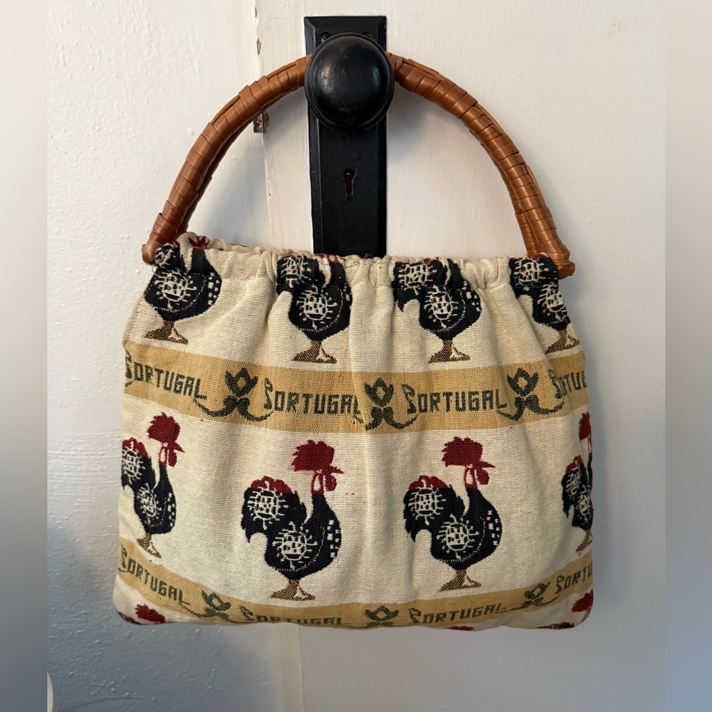 Vintage Portugal Rooster Fabric Woven Bamboo Top Handle Boho Bag - Picture 2 of 5